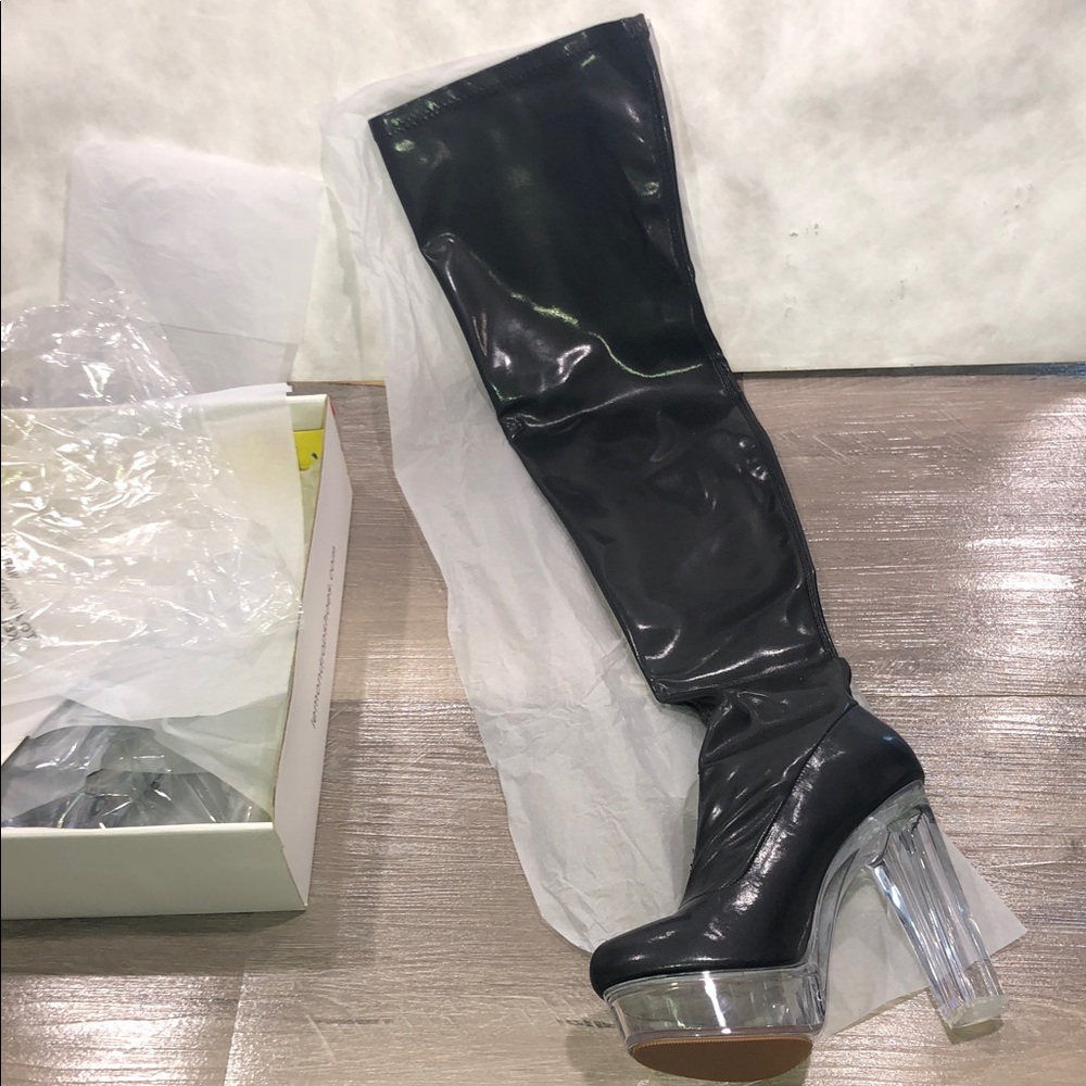 Privileged Stretch Pull on Black Over-the-Knee Boots Clear Platform Heel New